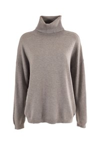 Suéter de cuello alto gris claro hecho de un suave tejido de punto. Presenta un corte holgado, hombros caídos y puños y dobladillo acanalados.