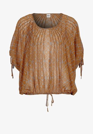 Brown patterned blouse with a loose fit, round neckline, gathered texture, elastic hem, and drawstring accents on sleeves.