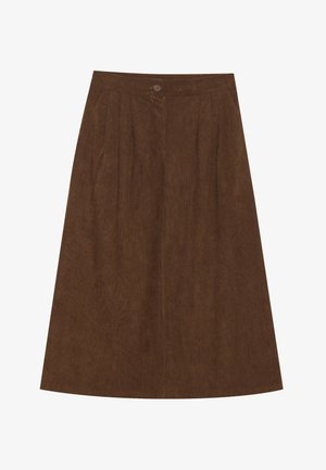 Brown corduroy skirt with a fitted waist and pleats, featuring a single button closure at the top. A-line shape, mid-calf length.