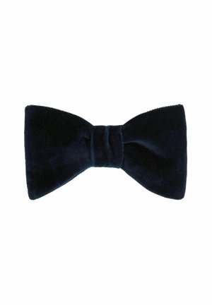 Noeud papillon en velours bleu marine avec un nœud central. Présente une texture lisse et une forme symétrique avec des extrémités pointues.