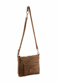 Sac bandoulière en cuir marron avec une texture rayée, une bandoulière réglable et des poches zippées. Il possède un écusson en cuir avec marque sur le devant.