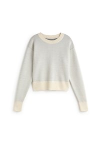 Light gray cropped sweater with a cream ribbed neckline and hem. Soft texture and long sleeves, featuring dropped shoulder seams.