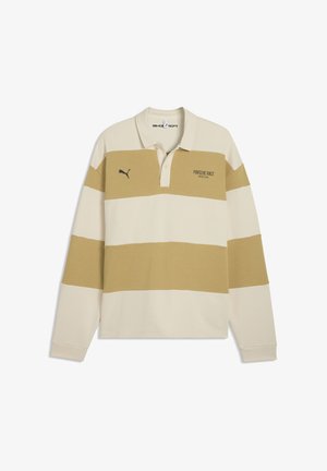Long-sleeve polo shirt in beige and light tan stripes, featuring a collar, Puma logo, and "Porsche Race" text in black.