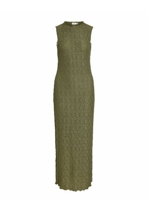 Robe longue sans manches vert olive texturée avec col montant et ourlet festonné, présentée sur un fond blanc uni.
