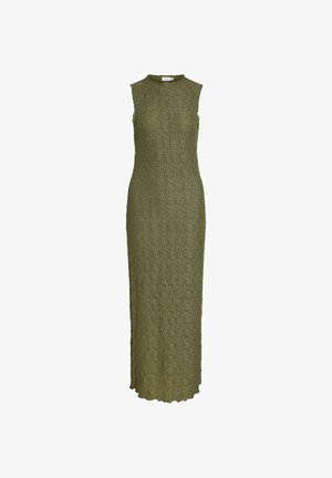 Robe longue sans manches vert olive texturée avec col montant et ourlet festonné, présentée sur un fond blanc uni.