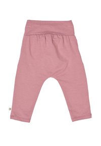 Pink cotton leggings with a stretchy waistband, tapered legs, and a small logo accent on the side. Smooth, soft texture.