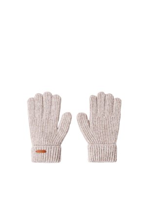 Een paar lichtbeige geribde gebreide handschoenen met opgevouwen manchetten, voorzien van een klein bruin leren label op de linkermanchet.