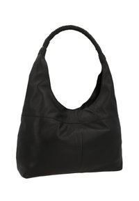 Black leather hobo bag with a slouchy design, braided handle, soft texture, and subtle seams for structure.