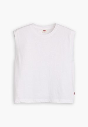 Weißes ärmelloses T-Shirt aus Baumwolle mit rundem Halsausschnitt und geradem Saum. Dezentes Logo-Tag auf der unteren linken Seite.