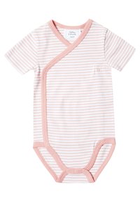 Kurzarm-Babystrampler aus weicher Baumwolle mit rosa-weißen Streifen, Wickeldesign, Druckknopfverschluss und kleinem Fronttaschen-Detail.