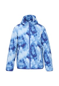 Gewatteerde blauwe jas met een tie-dye patroon, capuchon, voorkant met rits en zijzakken. Gemaakt van gladde, lichte stof.