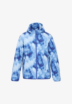 Chaqueta acolchada azul con patrón de tie-dye, capucha, cremallera frontal y bolsillos laterales. Hecha de un tejido liso y ligero.