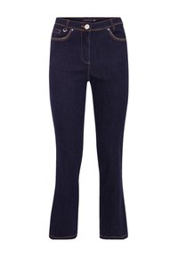 Donkerblauwe denim jeans met een uitgeslagen pijpdesign, voorzien van oranje stiksels, een knoopsluiting en voorzakken. Soepele textuur, getailleerde pasvorm.