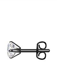 Cercel din metal negru, cu un cristal mare, clar, în formă de diamant în partea din față. Designul are un montaj cu trei colți.