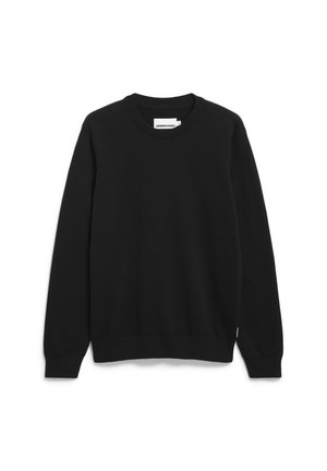 Schwarzer Rundhalsausschnitt-Sweatshirt mit langen Ärmeln, gerippten Bündchen und Saum, texturierter Stoff und einem kleinen Etikett am Saum.