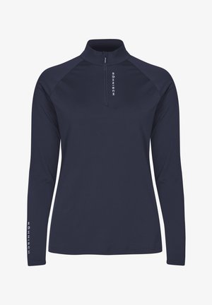 Maglia sportiva a maniche lunghe blu navy con zip a quarto e logo "Röhnisch" sul colletto e sul maniche sinistro.