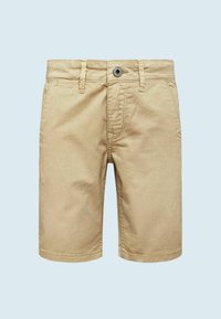 Beige bavlněné šortky s přímým střihem, které mají přední zapínání na knoflík, poutka na pásek a boční kapsy. Hladká textura a ležérní design.
