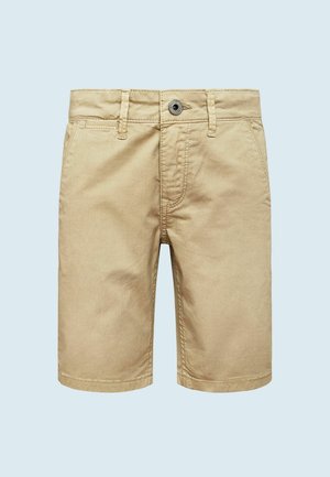 Beżowe bawełniane szorty o prostym kroju, z zapięciem na guzik z przodu, pętelkami na pasek i bocznymi kieszeniami. Gładka tekstura i casualowy design.