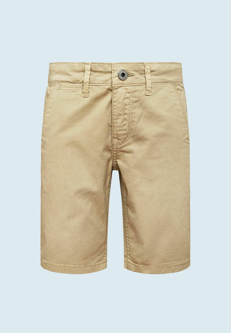 Beige bavlněné šortky s přímým střihem, které mají přední zapínání na knoflík, poutka na pásek a boční kapsy. Hladká textura a ležérní design.