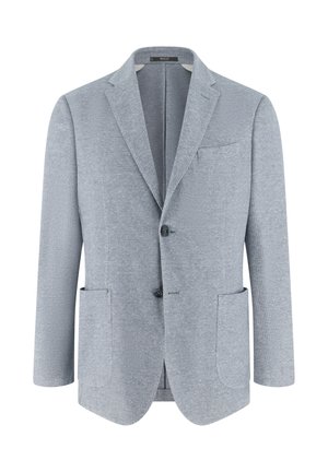 Lysegrå herreblazer med hakrevers, to forlommer, to knapper og en brystlomme, vist på hvid baggrund.