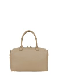 Borsa a mano in pelle beige con texture liscia, forma arrotondata, manici corti e chiusura a zip decorata con ferramenta dorata.