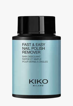 Bottiglia di solvente per smalto KIKO Milano, rapido e facile da usare, con tappo nero ed etichetta blu riportante testi in inglese e francese.