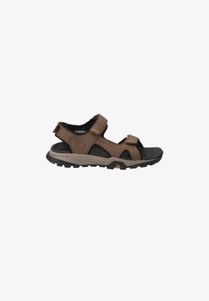 Braune Sandalen mit verstellbaren Klettverschlüssen, robuster schwarzer Sohle und strukturiertem Fußbett für Komfort. Eignet sich für Outdoor-Aktivitäten.