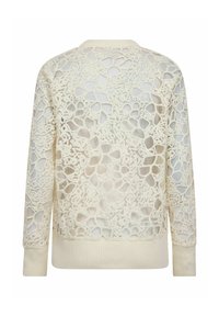 Csipkemintás krémszínű pulóver áttetsző virágos mintával, bordázott mandzsettákkal és szegéllyel, hosszú ujjakkal és kerek nyakkivágással.