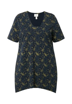Granatowa bluzka krótki rękaw z wzorem owoców w kolorze żółtym i zielonym. Dekolt w serek i luźny krój. Miękka tkanina i zaokrąglony brzeg.
