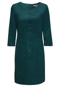 Robe turquoise foncé, longueur genou, avec des manches trois-quarts, un col rond et une fermeture éclair au dos.