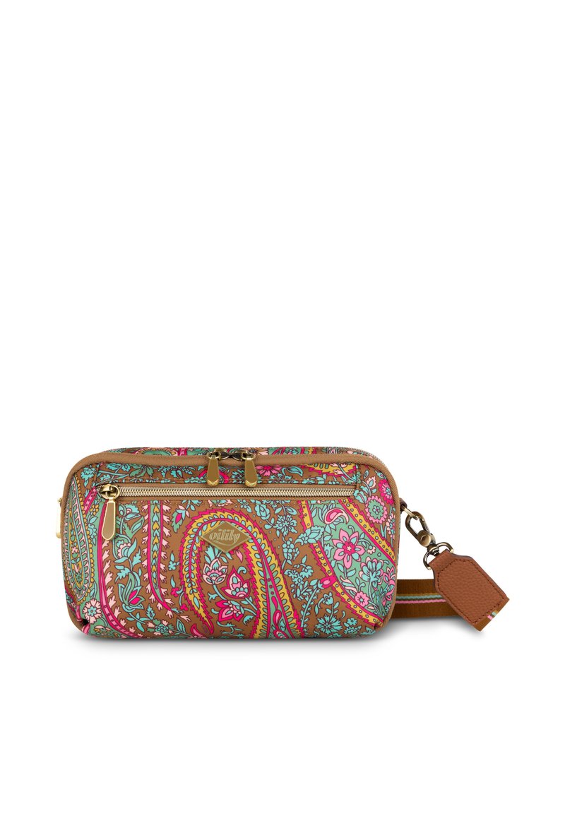 Meer kleurige tas met een paisley-patroon in roze, blauw en bruin. Voorzien van twee met rits afsluitbare vakken en een afneembare band.