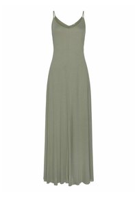 Langes olivengrünes Kleid mit V-Ausschnitt, dünnen Trägern und einem fließenden Rock. Hergestellt aus einem glatten, leichten Stoff.