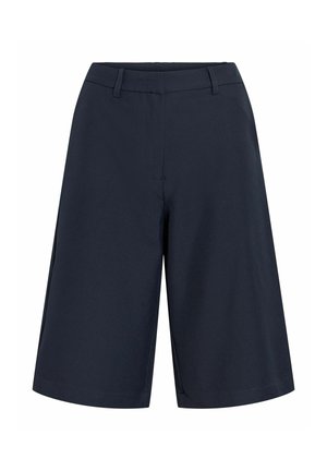 Marineblauwe korte broek met wijde pijpen tot op de knie, met riemlussen en een platte voorkant, gemaakt van gladde stof.