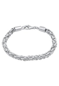 Silverkedjearmband med sammanlänkade länkar, polerad finish, robust lås och en diskret logotypdetalj på stängningen.