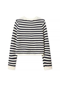 Stickad kort sweater med marinblå och krämfärgade horisontella ränder, rund hals och ribbade ärmslut och nederkant. Tova mönster genom hela.