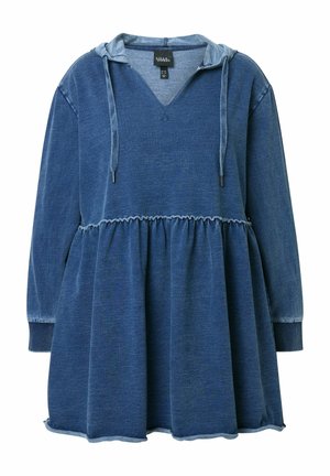 Denim dress with long sleeves, a v-neck, and a drawstring hood. It features a gathered waist and a flared skirt, all in a deep blue shade.
