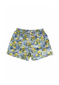 Pantaloni da nuoto con un vivace motivo a limoni e fiori, in blu e giallo, dotati di una vita con cordino e tessuto leggero.