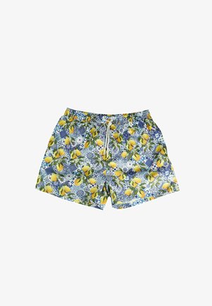 Pantaloni da nuoto con un vivace motivo a limoni e fiori, in blu e giallo, dotati di una vita con cordino e tessuto leggero.