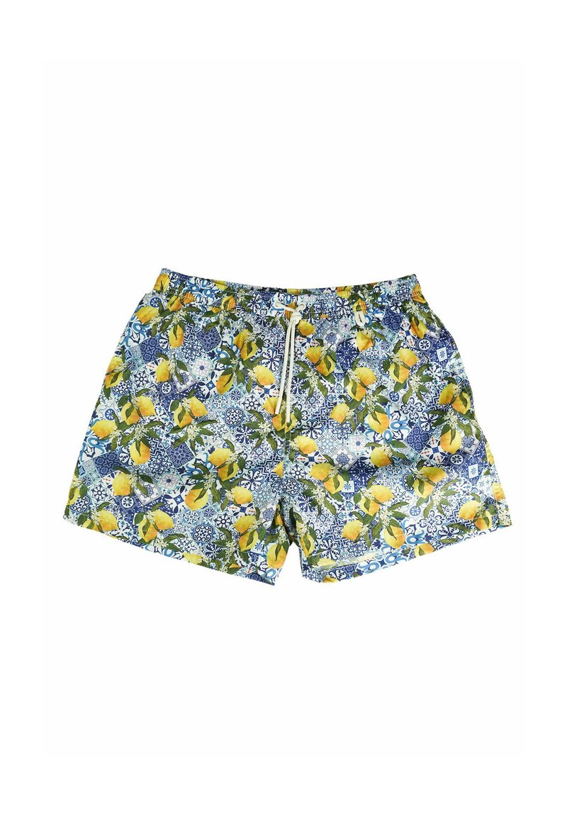 Pantaloni da nuoto con un vivace motivo a limoni e fiori, in blu e giallo, dotati di una vita con cordino e tessuto leggero.