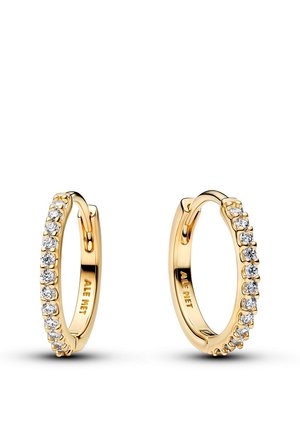 Boucles d’oreilles créoles en or avec une rangée de petites pierres précieuses rondes et claires sur le bord extérieur et un texte gravé à l’intérieur des créoles.