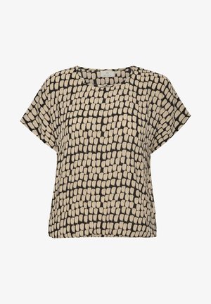 Kortermet topp med et svart og beige abstrakt mønster, laget av lett materiale, med en avslappet passform og rund hals.