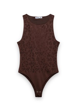 Body marrone senza maniche con motivo leopardato e bottoni a pressione nell'area inguinale, taglia piccola, marca Terranova.