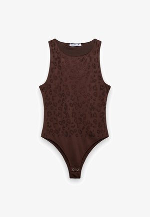 Body marrone senza maniche con motivo leopardato e bottoni a pressione nell'area inguinale, taglia piccola, marca Terranova.