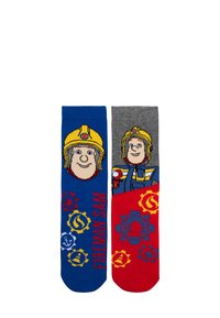 Calze per bambini con un design blu e grigio, decorate con grafiche di cartoni animati di vigili del fuoco colorati e testo. Include vari accenti con motivi di attrezzatura.