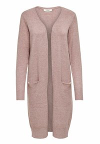 Cardigan lungo rosa chiaro con scollo a V, apertura frontale e due tasche anteriori. Dettagli a coste sui polsini e sull'orlo con tessuto morbido e texture. 