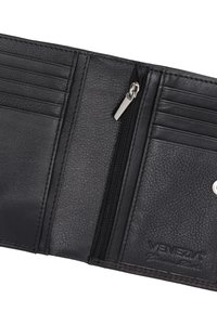 Black leather wallet with multiple card slots, a zippered coin compartment, textured surface, and embossed logo detail.