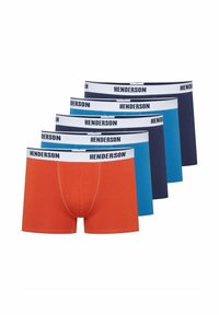 Zestaw czterech par męskich bokserek w kolorach pomarańczowym, jasnoniebieskim, ciemnoniebieskim i granatowym, z białymi elastycznymi paskami w talii z nadrukiem "HENDERS".