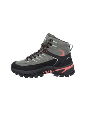 Gray and black hiking boot with pink accents, rugged sole, ankle support, and lace-up closure, shown from the side on a white background.