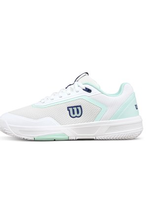 Hvid og mintgrøn atletiksneaker med mesh-overdel, snørelukning og navy-logo på siden og bagpå, vist i sideprofil.