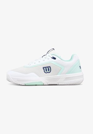 Weißer und minzgrüner Sportschuh mit Mesh-Obermaterial, Schnürverschluss und dunkelblauem Logo seitlich und hinten, in Seitenansicht gezeigt.